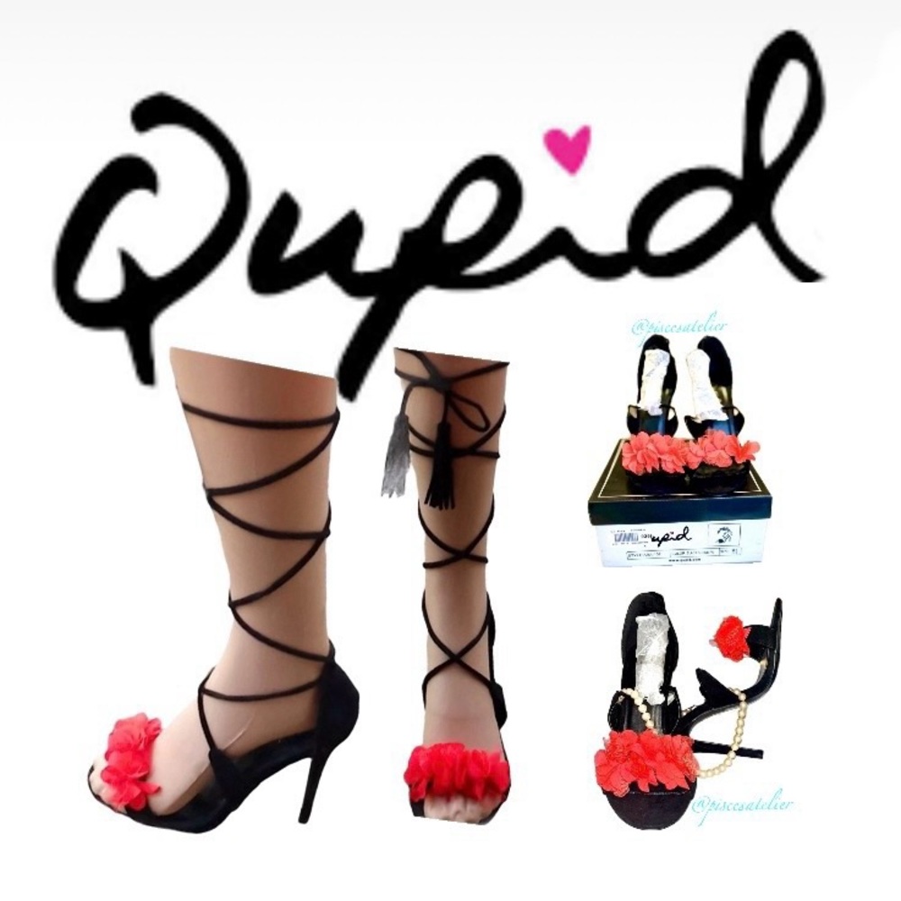 Qupid Ara-107 Black Suede Strappy Stilettos with Red Floral Detail, Size 5.5 - Picture 1 of 16
